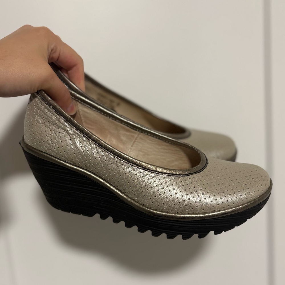Fly London Metallic Taupe Perforated Wedge Pumps